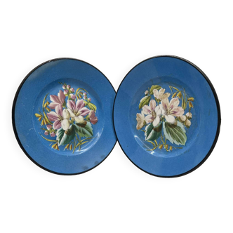 Paire d'assiettes Creil et Montereau, décor floral sur fond bleu - début XXème