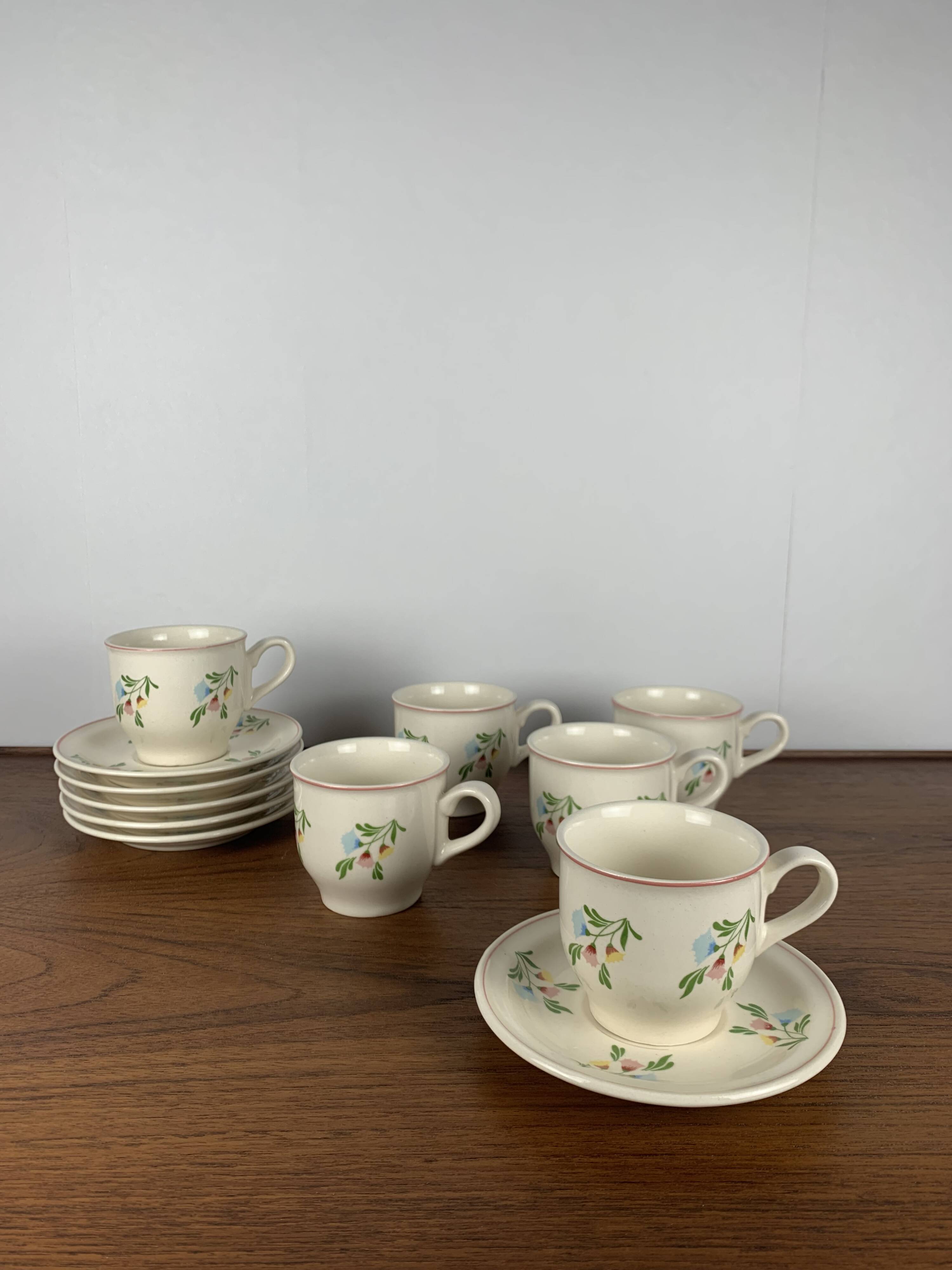 Set of 6 vintage cups + saucers, flower pattern, Germany