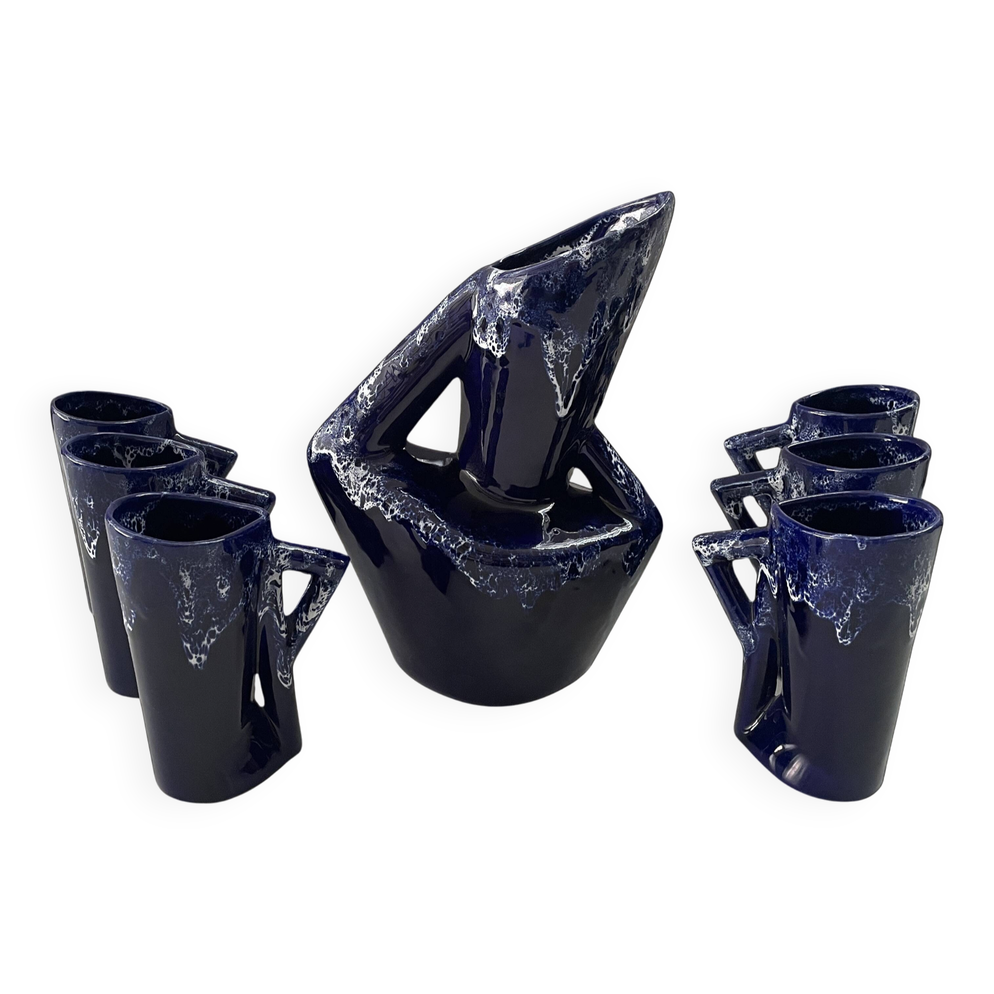 Ceramic orangeade service in ultramarine blue, workshop 59 - Vallauris