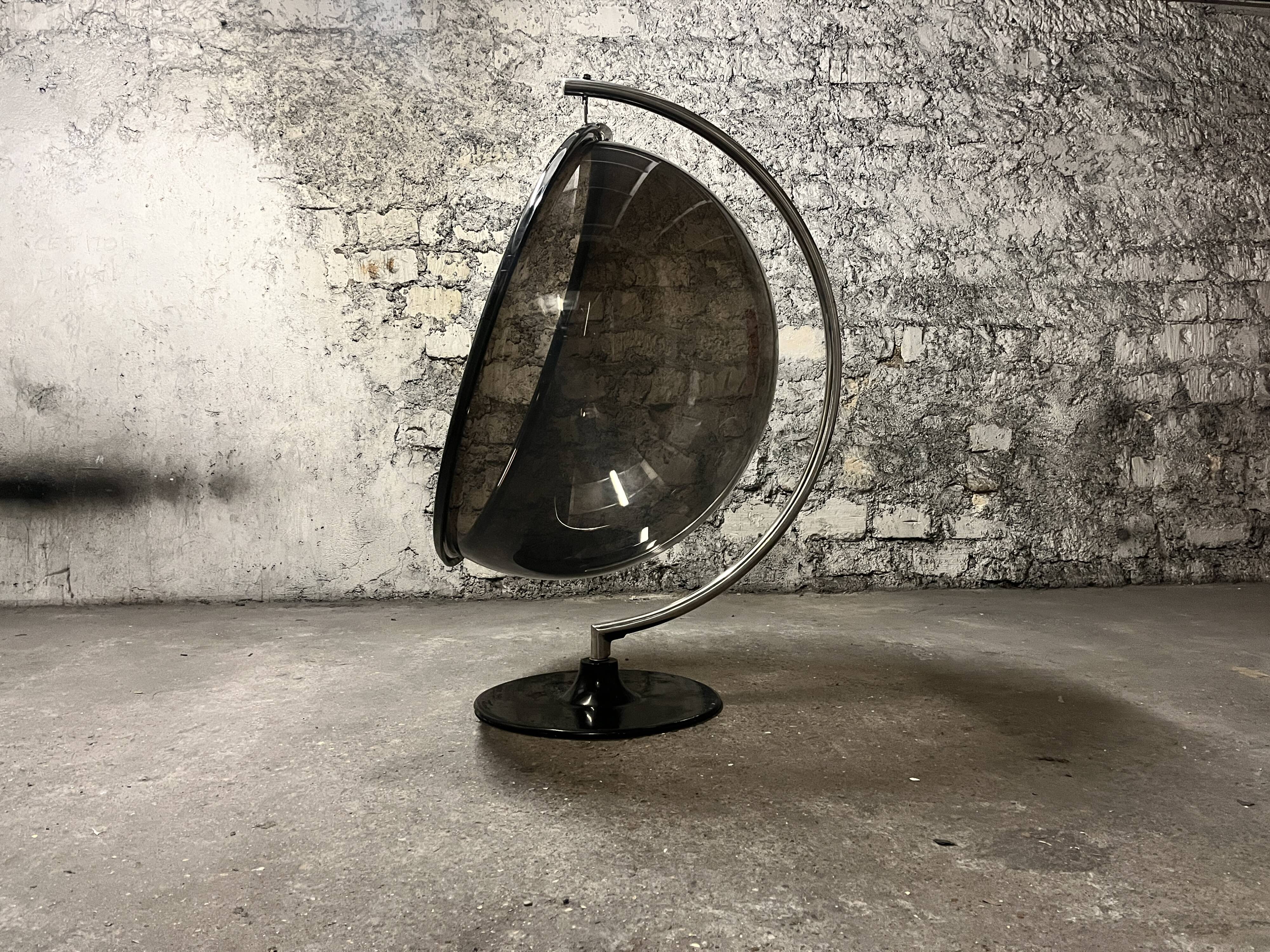 Hanging egg chair in smoked plexiglass, 1970s design
