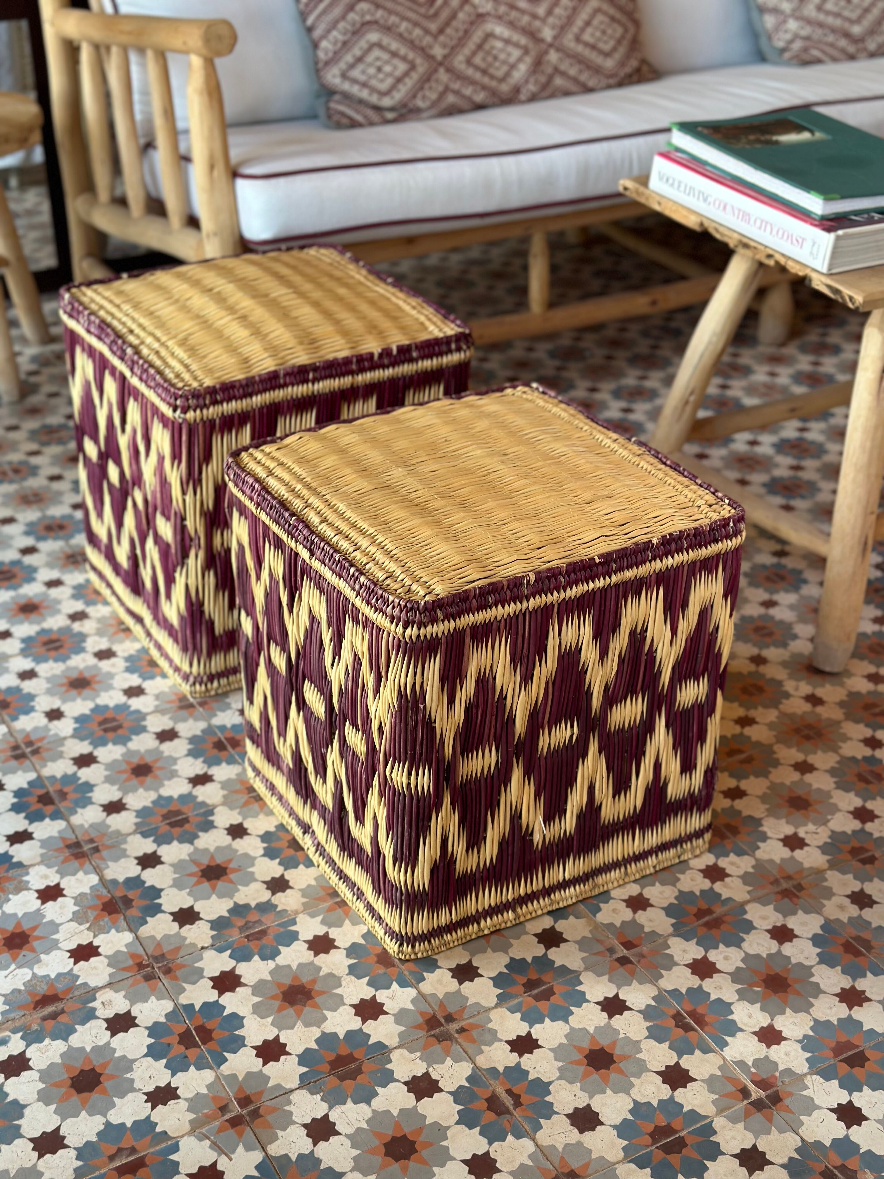 Set of two pouf seat cube rattan wicker graphic ikat red burgundy purple magenta