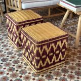 Set of two pouf seat cube rattan wicker graphic ikat red burgundy purple magenta