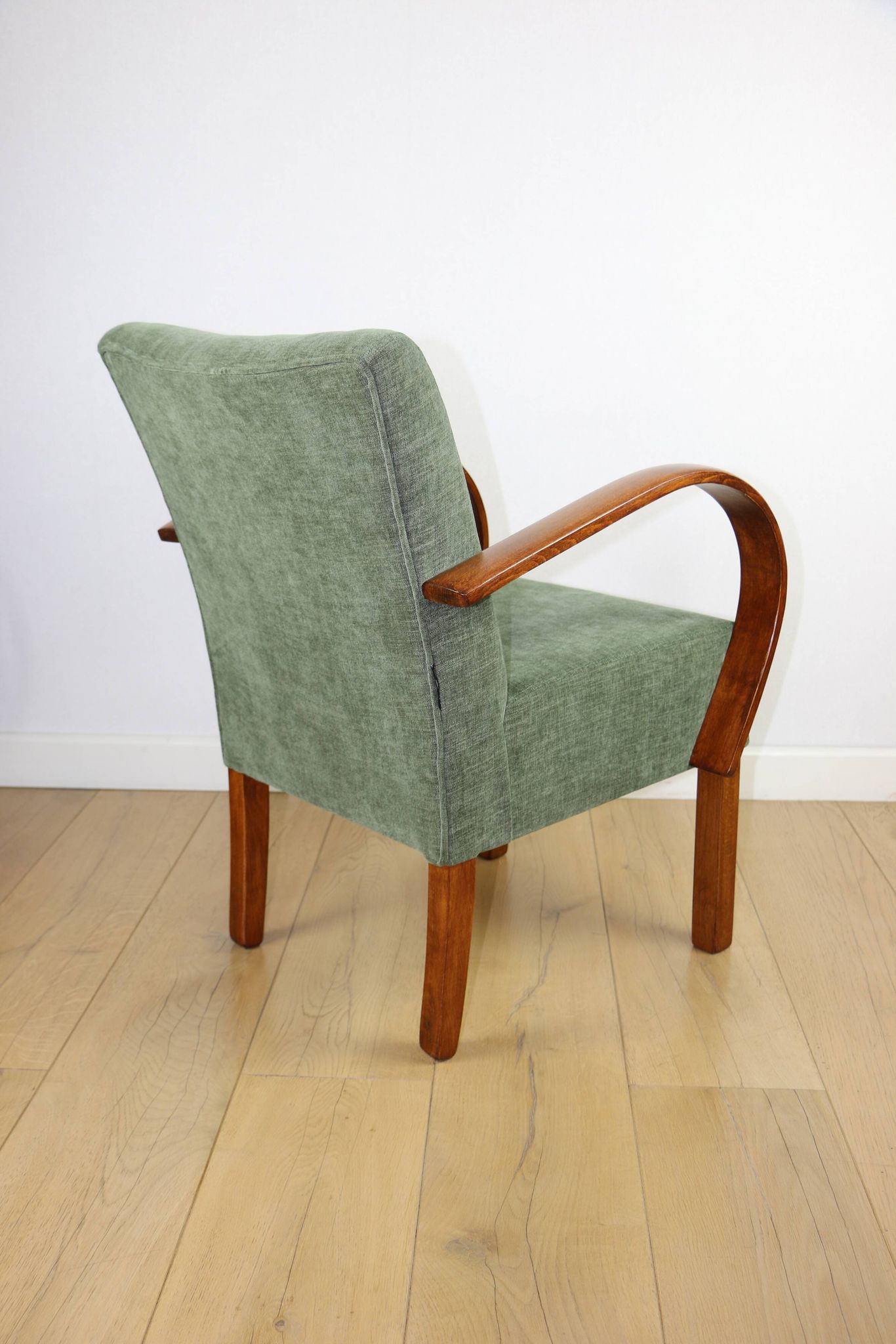 Fauteuil vintage Art Déco en bois courbé et tissu vert olive