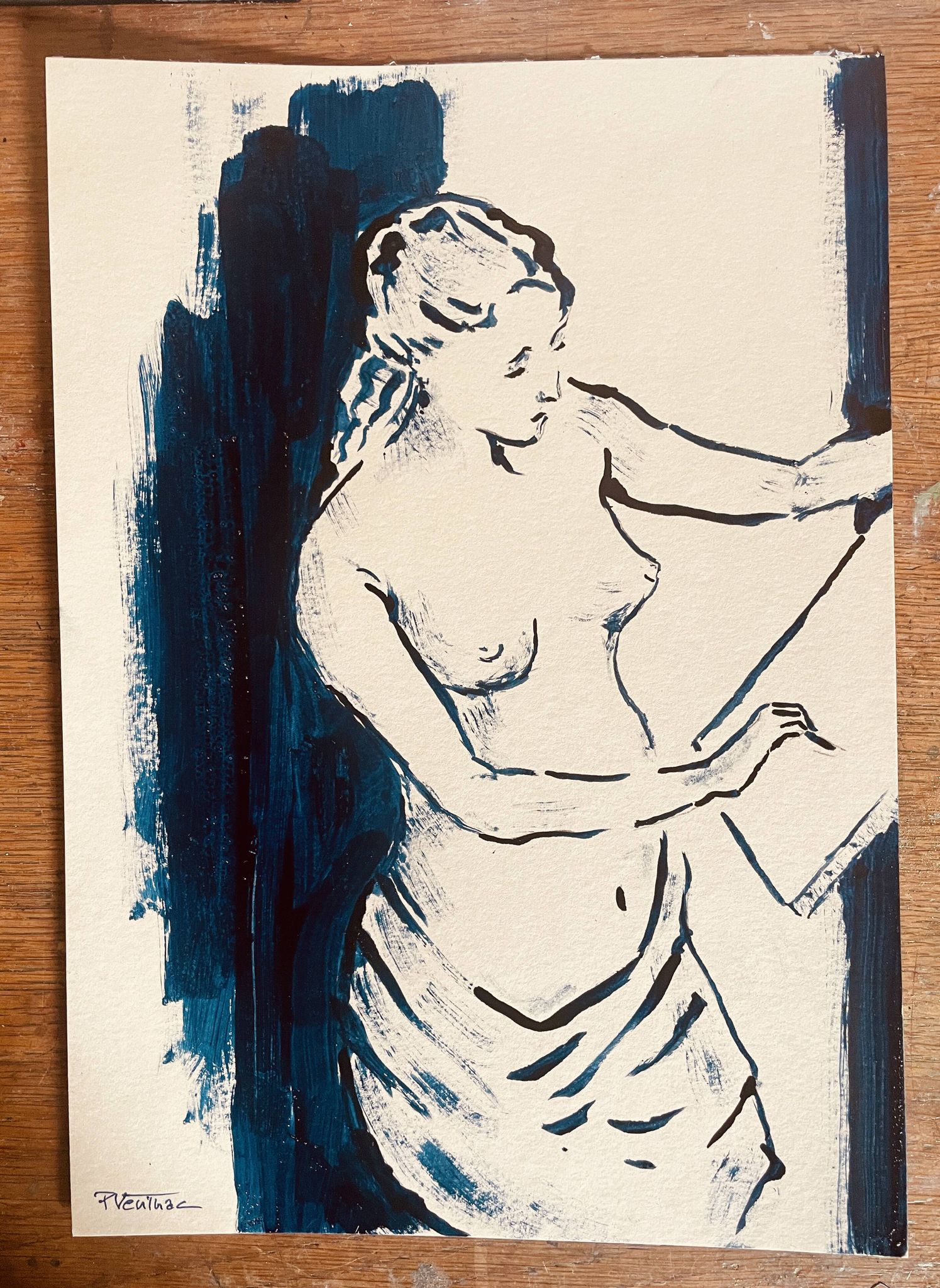 Painting in indigo blue "female model drawing in the studio"
