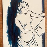 Painting in indigo blue "female model drawing in the studio"