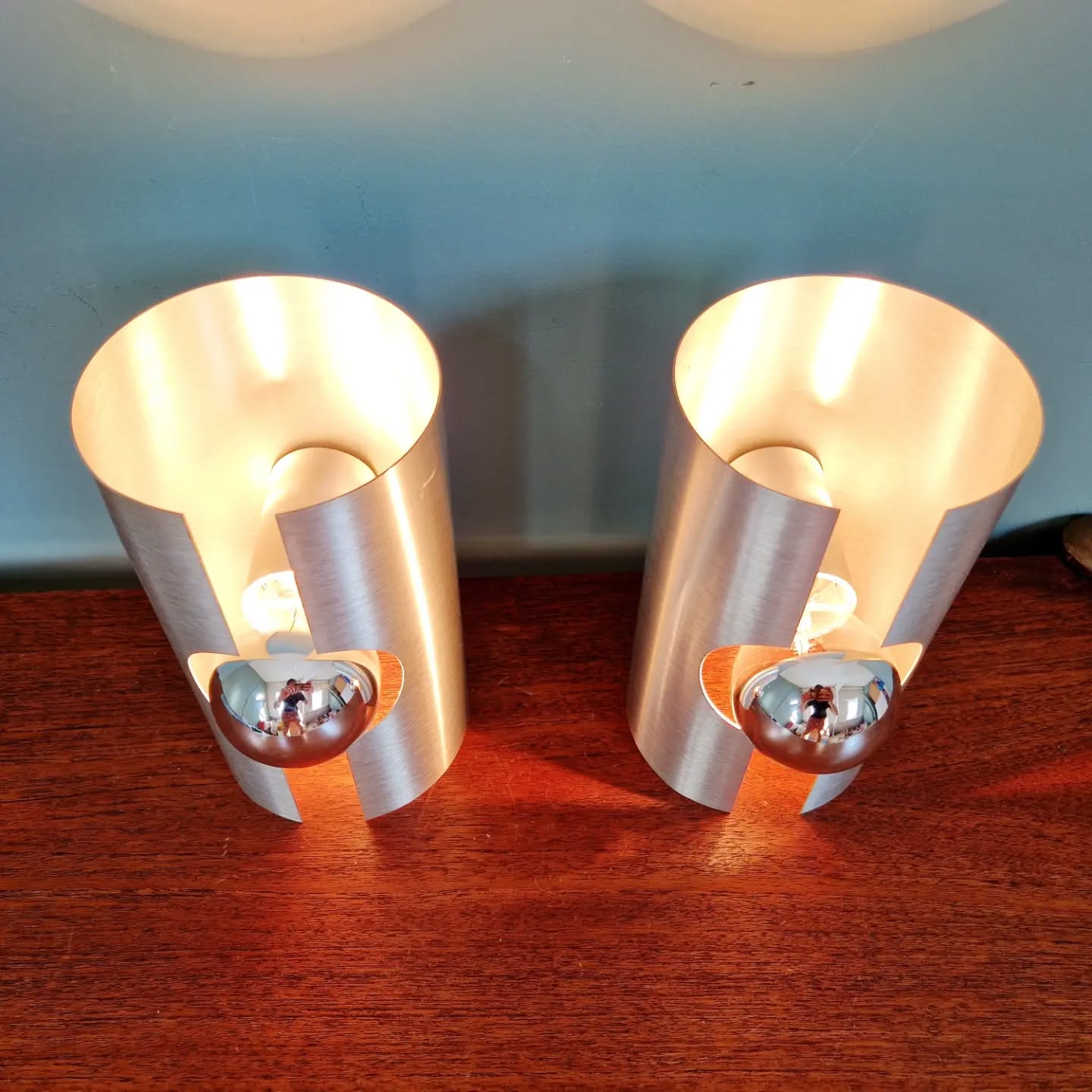 Pair of Space Age wall sconces in brushed aluminium, 1970.