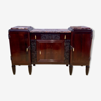 ENFILADE Art Deco era 1930, Solid mahogany, with carved fruit decorations, veined marble and bronzes.