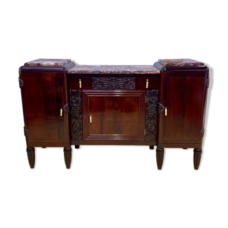 ENFILADE Art Deco era 1930, Solid mahogany, with carved fruit decorations, veined marble and bronzes.