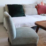 Vintage blue velvet fringed armchair.