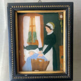Peinture ancienne sur verre cadre en bois noir avec dorure 16,5 cm x 13,5 cm