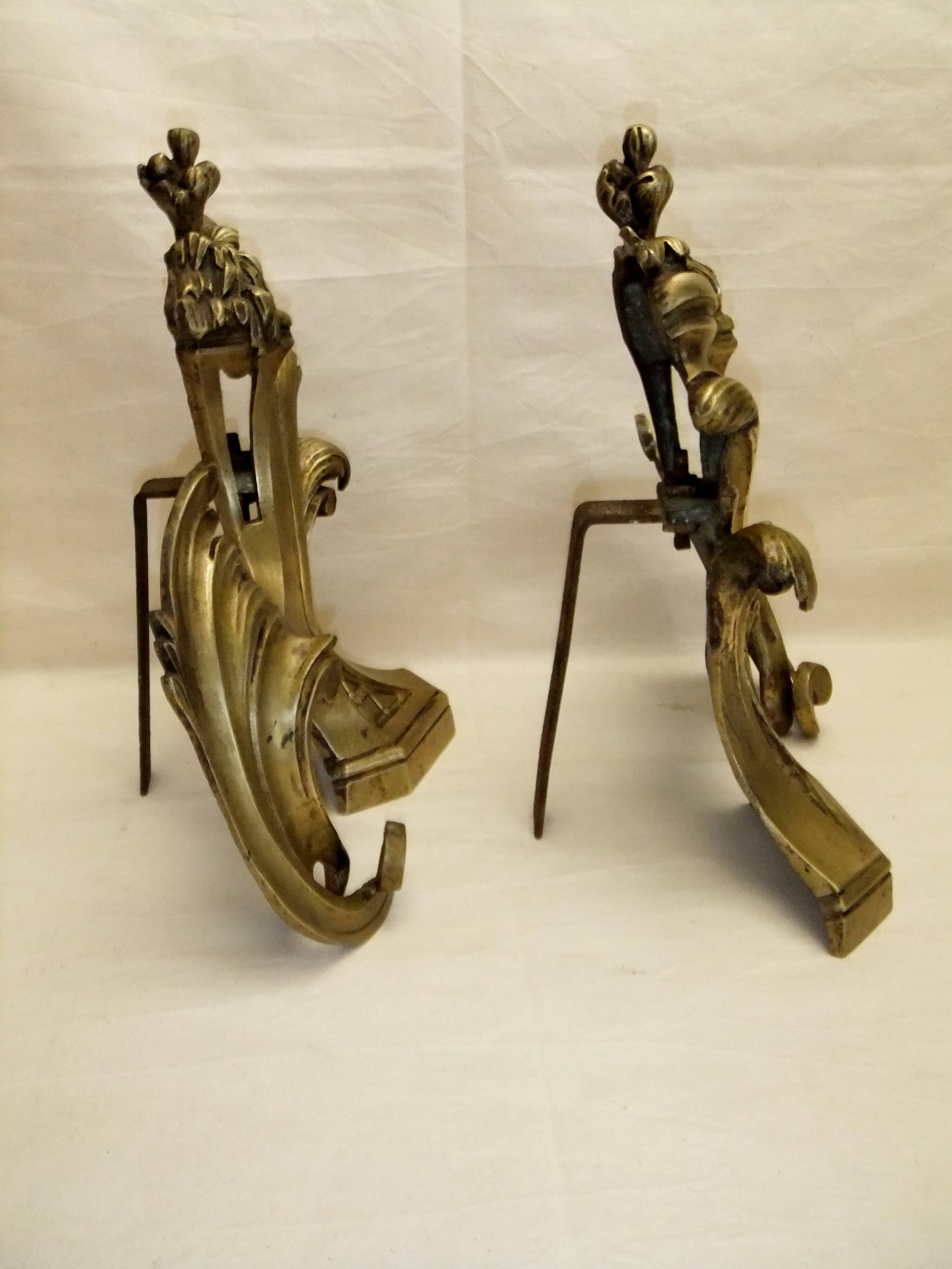 Old bronze andiron pair XVIII decor leaf accessory fireplace trim