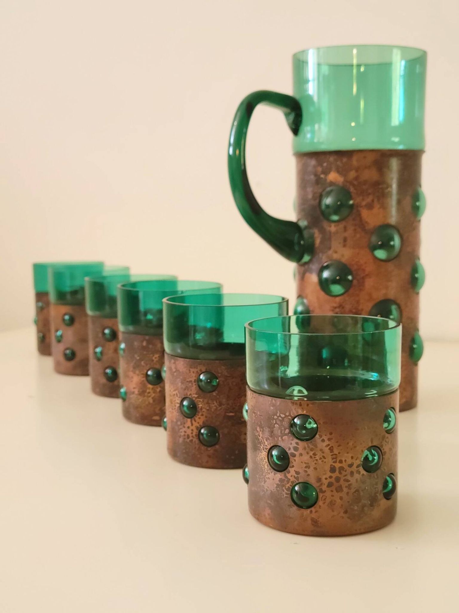 Vintage brutalist drinks set of green glass and patinated copper