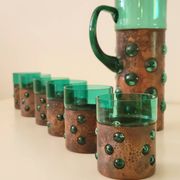 Vintage brutalist drinks set of green glass and patinated copper