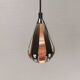 A teardrop-shaped pendant lamp made of copper, black metal, and prisms.