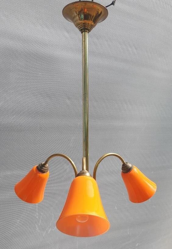 Brass chandelier 3 tulips orange Casimir 1970