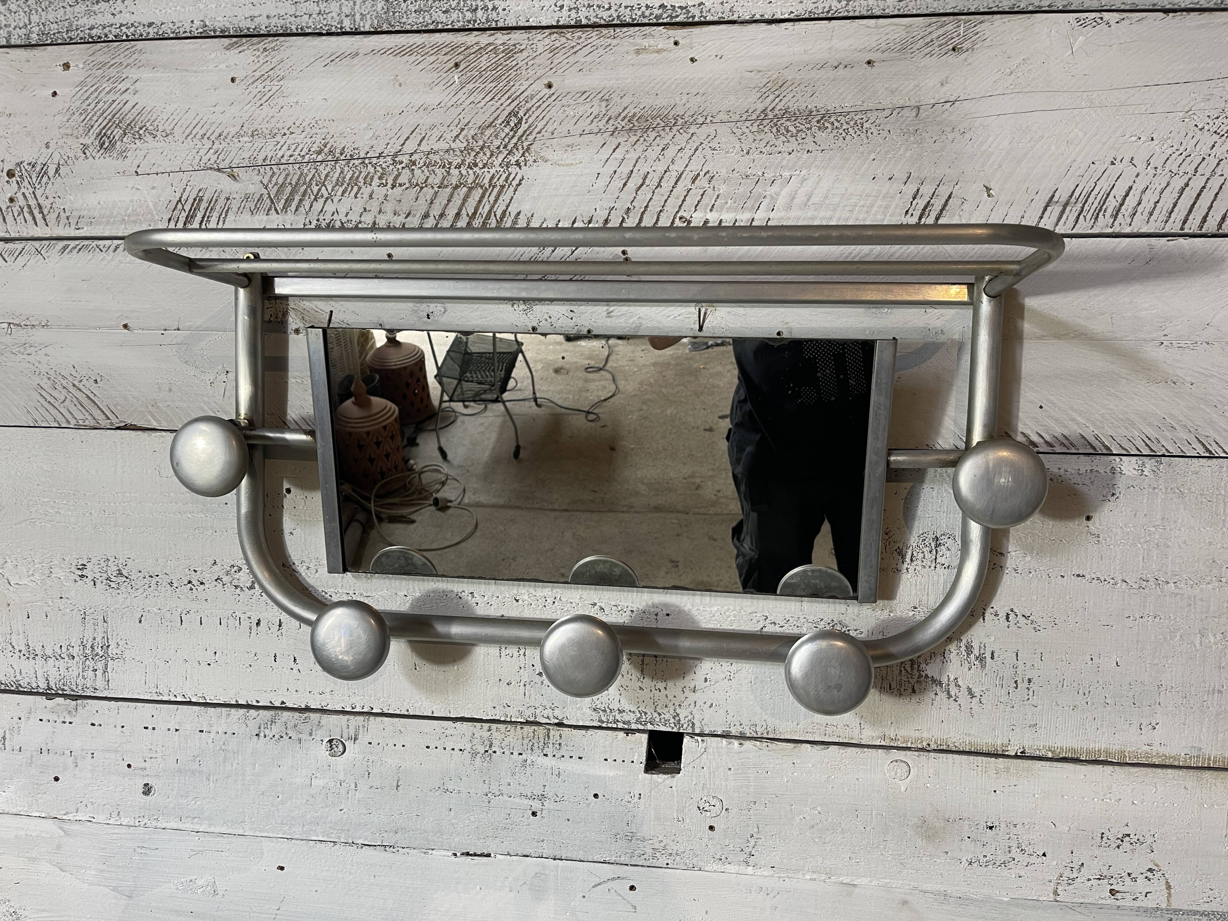 Aluminum wall-mounted coat rack with mirror