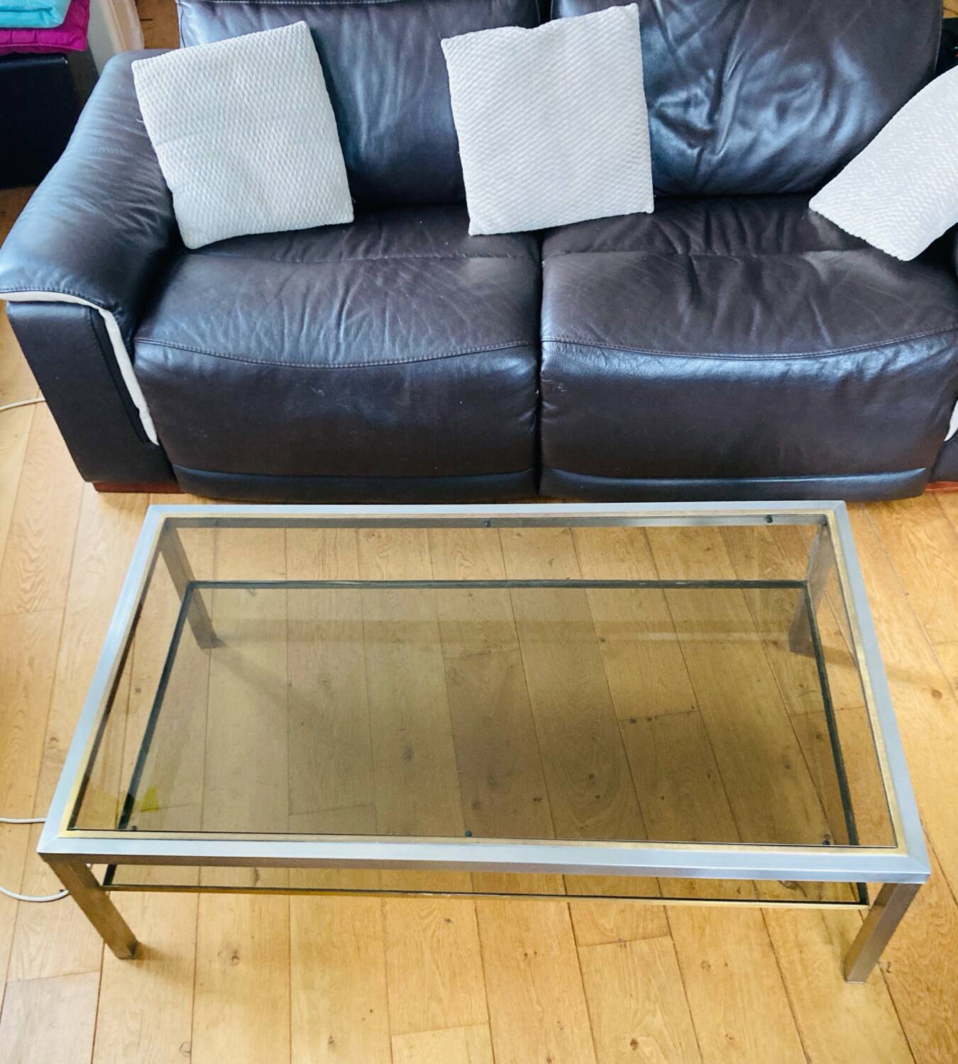 1970s coffee table in brushed metal, brass and smoked glass by Willy R