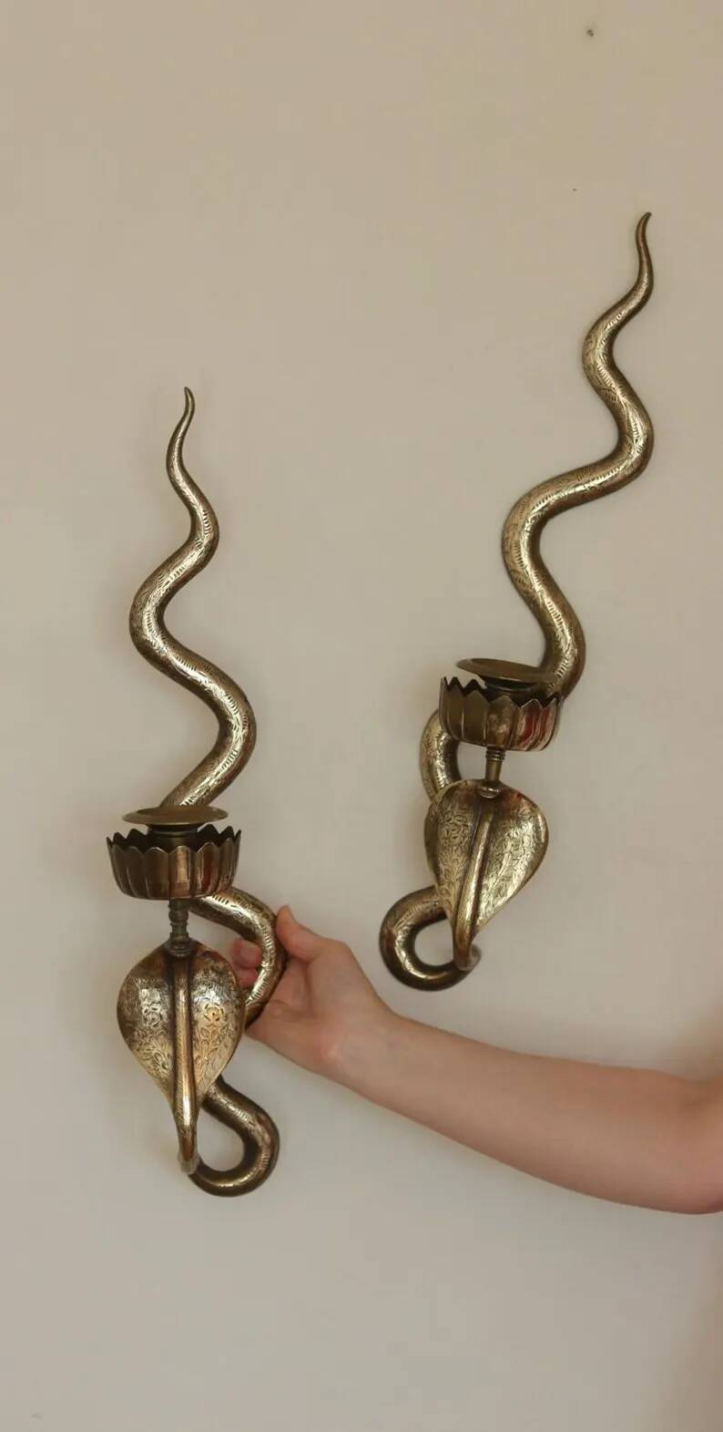 Pair of Egyptian Revival Style Engraved Brass Cobra Sconces