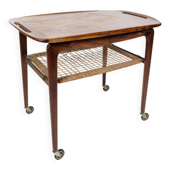Serving Trolley Made In Rosewood With Wicker Shelf By Johannes Andersen For CFC Silkeborg From 1950s