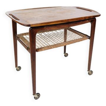 Serving Trolley Made In Rosewood With Wicker Shelf By Johannes Andersen For CFC Silkeborg From 1950s