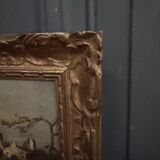 Oil on panel, port scene, late 19th century, gilded frame