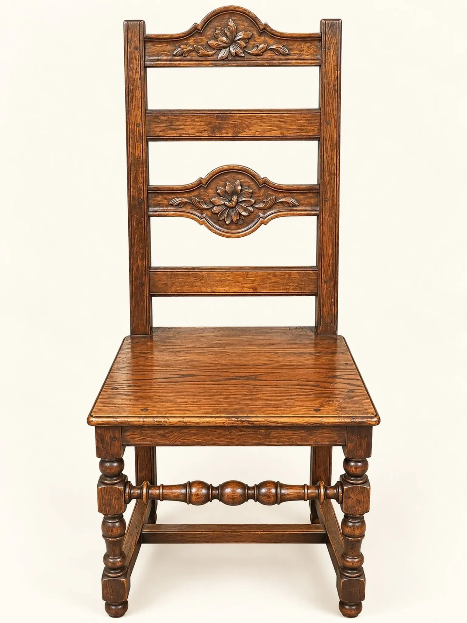Set of 8 Rustic Chairs in Henri II Style, Carved Oak