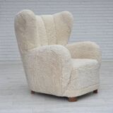 1960s, Danish design, reupholstered highback armchair, genuine sheepskin.