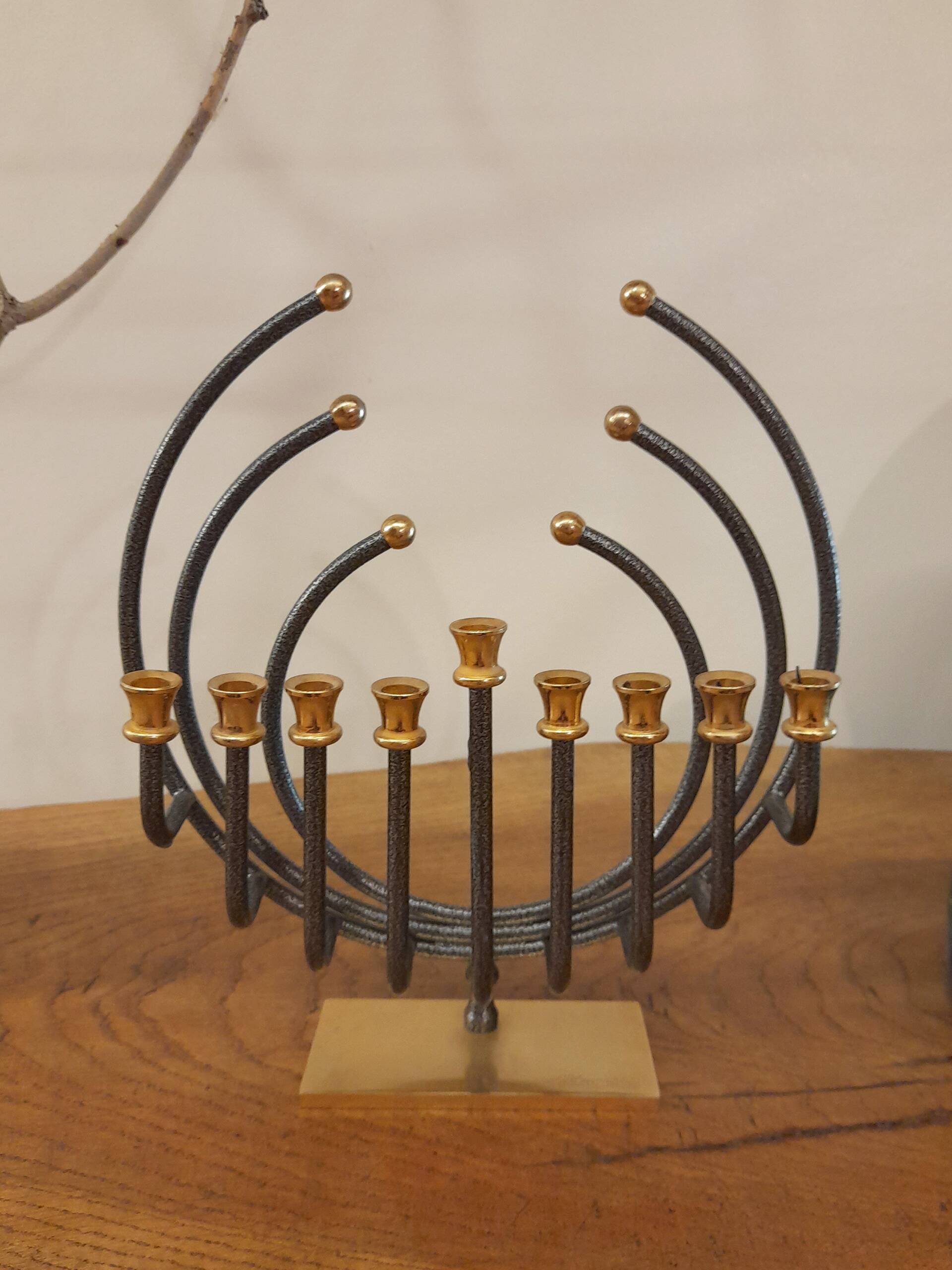 Menorah Hanoukia gold and silver plated, made in Israel by Karshi, 1970