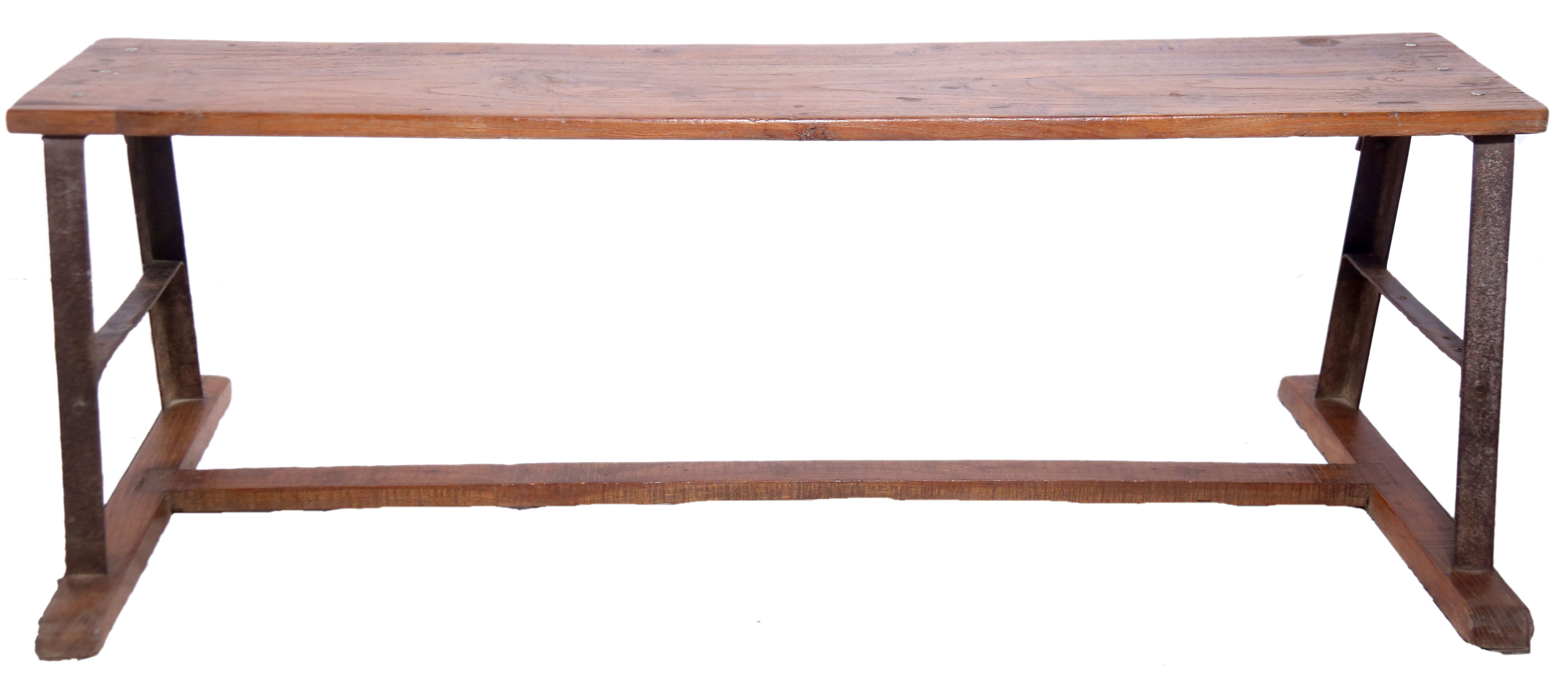 Ancient Burmese teak bench with metal base