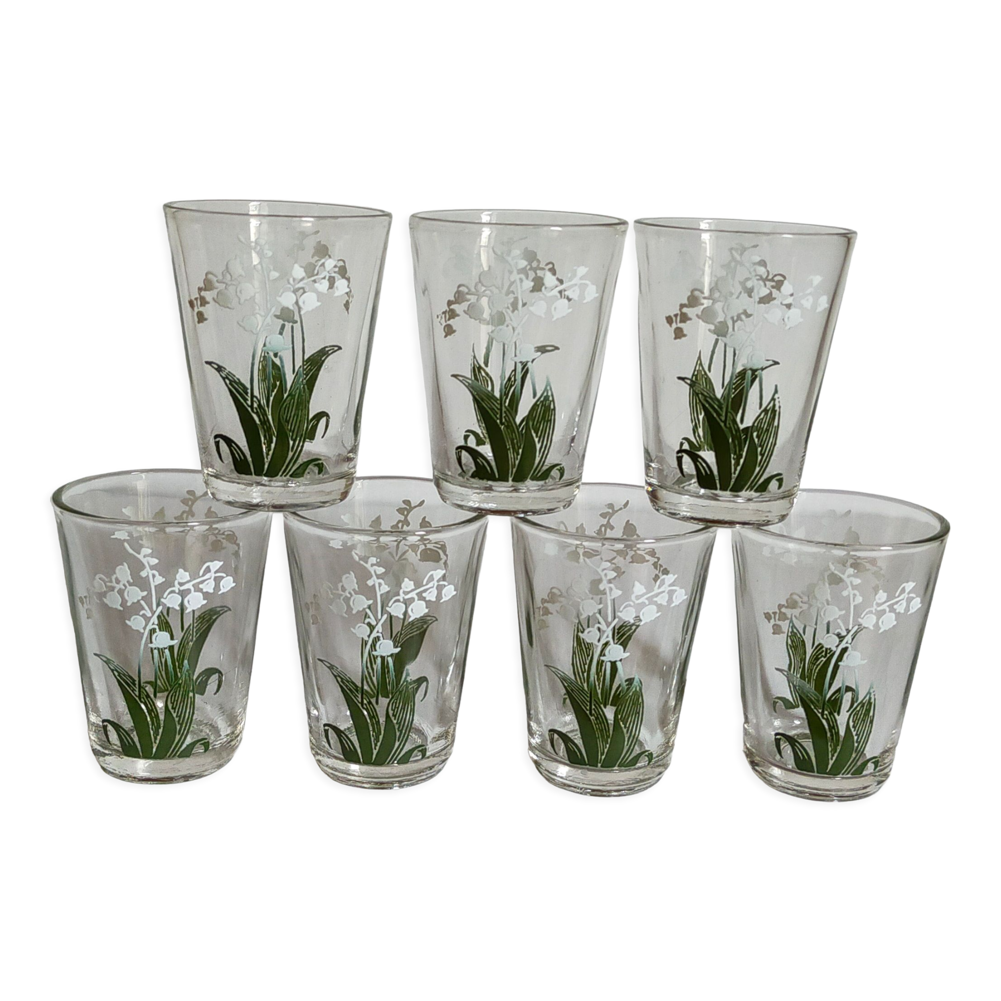 Seven glasses with digestive screen-printed with thrush, 30s