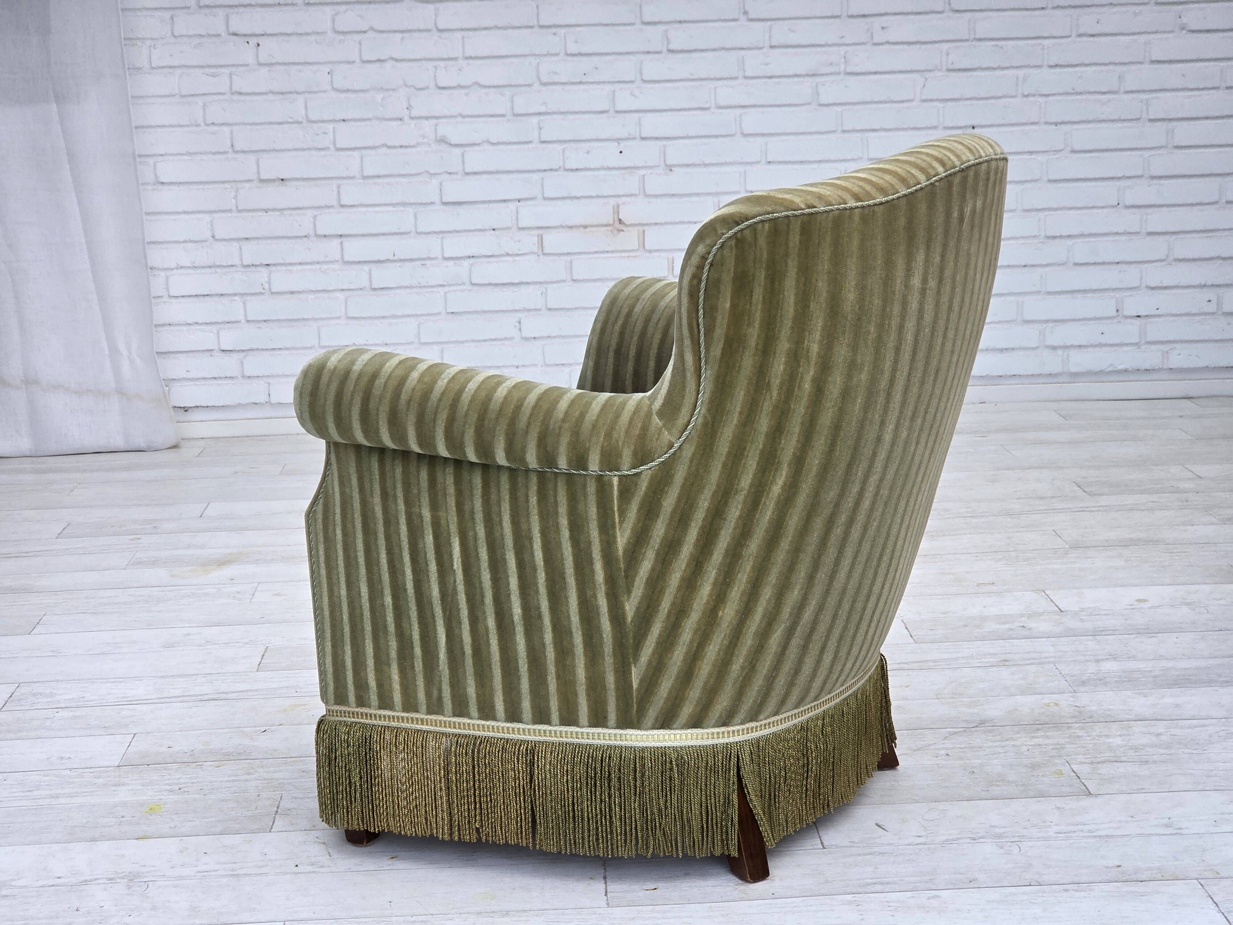 1960s, Danish armchair, original striped furniture velour, beech wood legs.