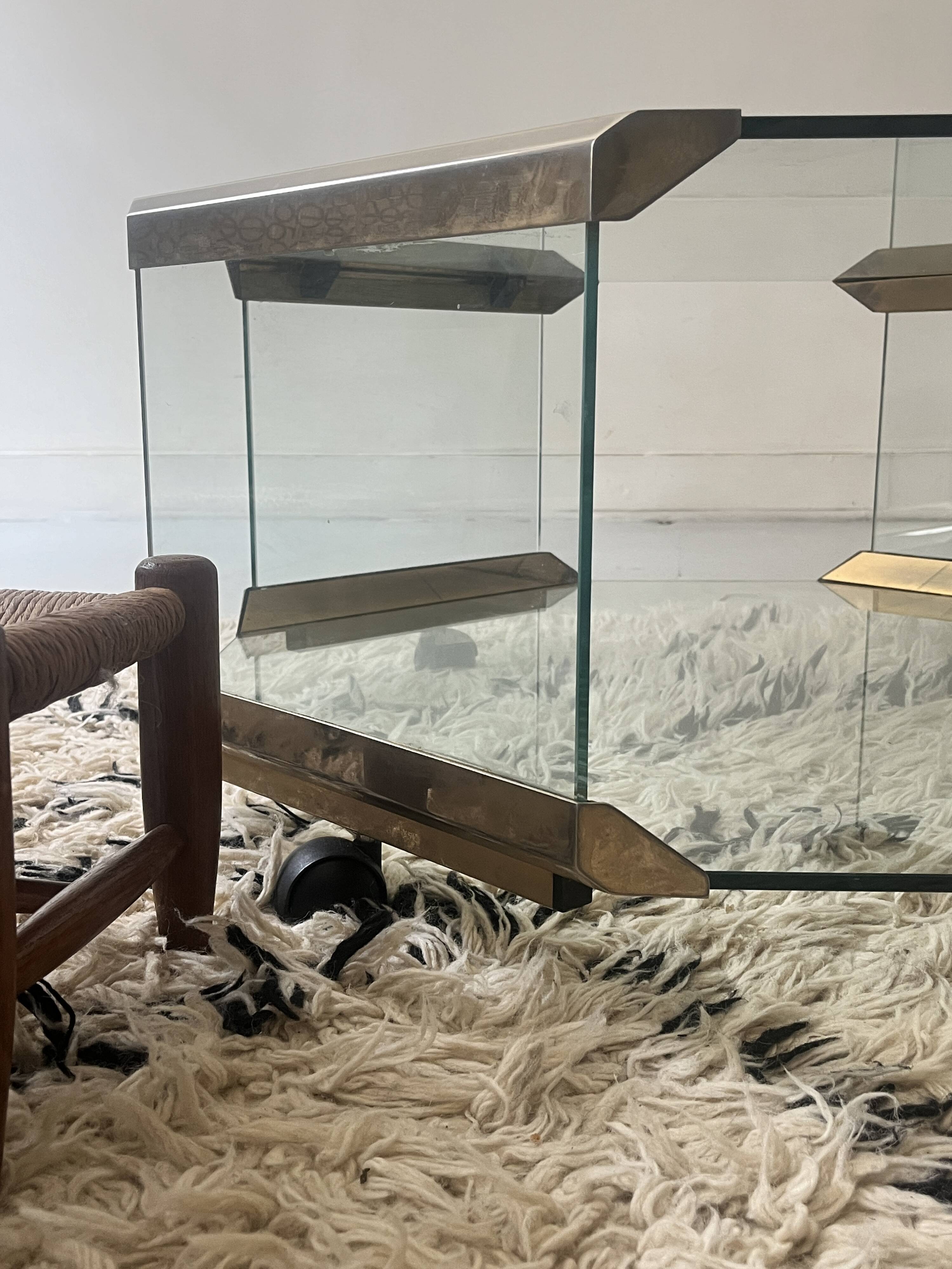 Hexagonal coffee table on wheels in glass and brass by Galloti & Radice, Italy 1970