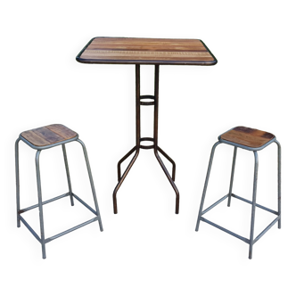 Table de bistrot en teck et fer forgé avec 2 tabourets