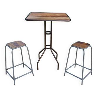 Teak and wrought iron bistro table with 2 stools