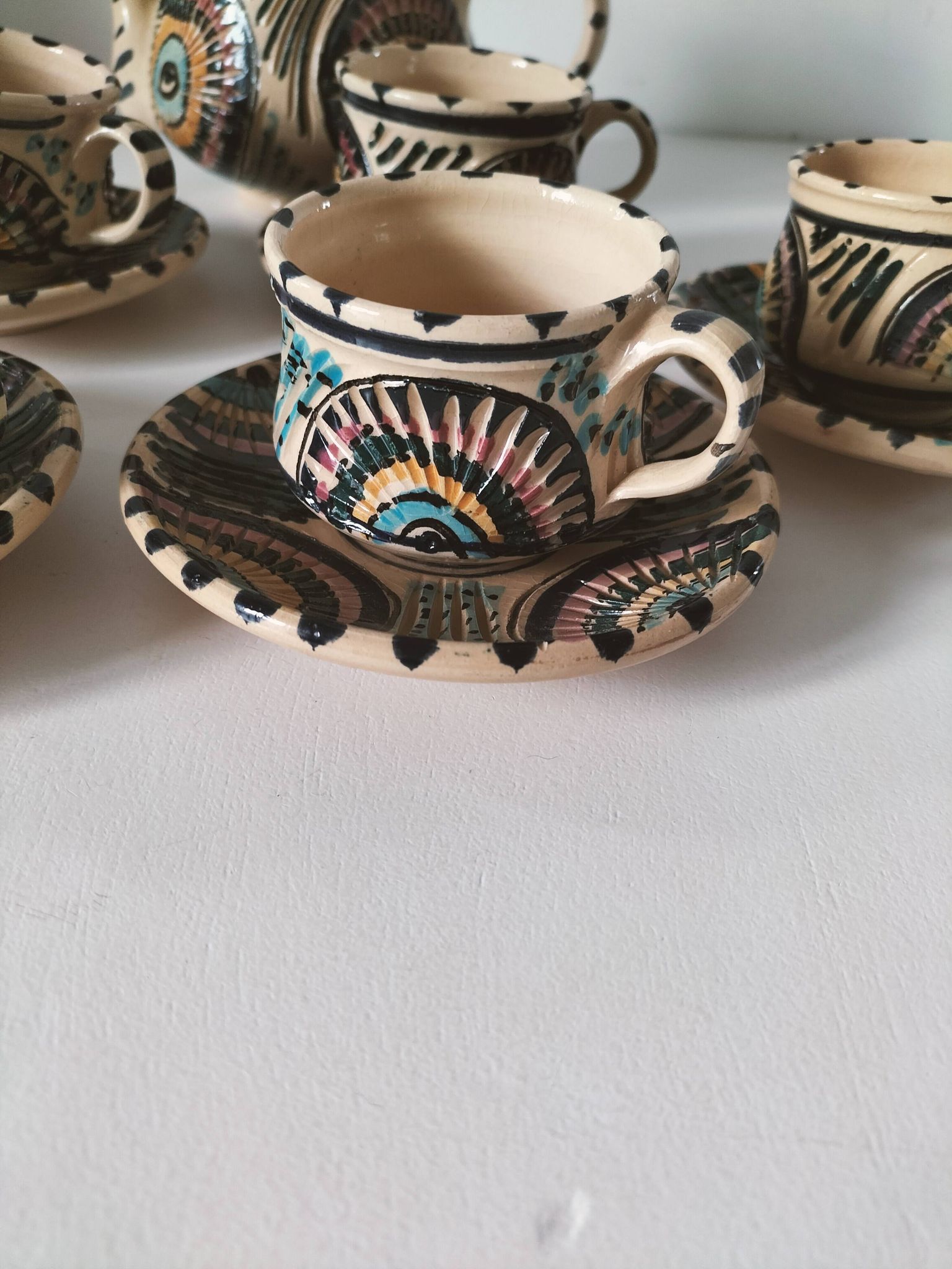 Service à thé marocain vintage, théière et 5 tasses et soucoupes