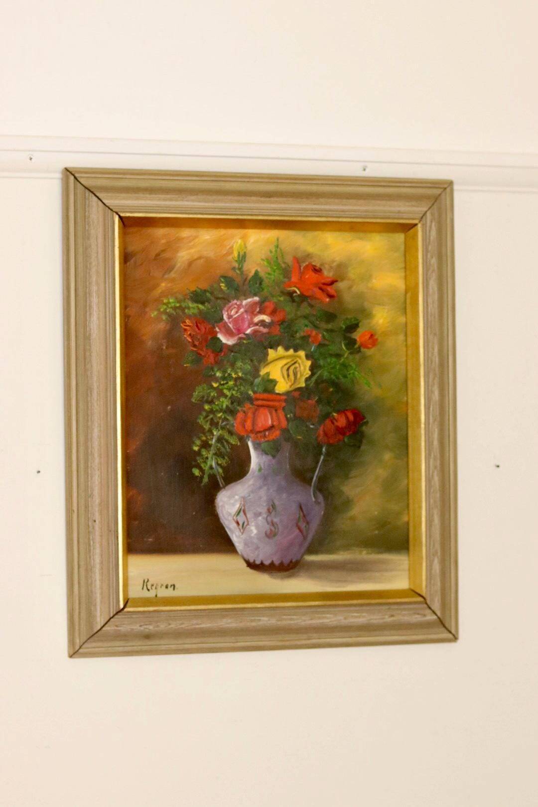 Original Swedish oil on panel "Flowers" by Regran - Vintage & Framed