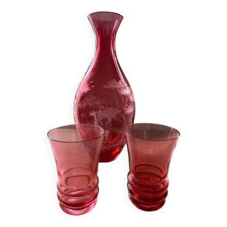 Pink crystal decanter with jungle animal and vegetation pattern