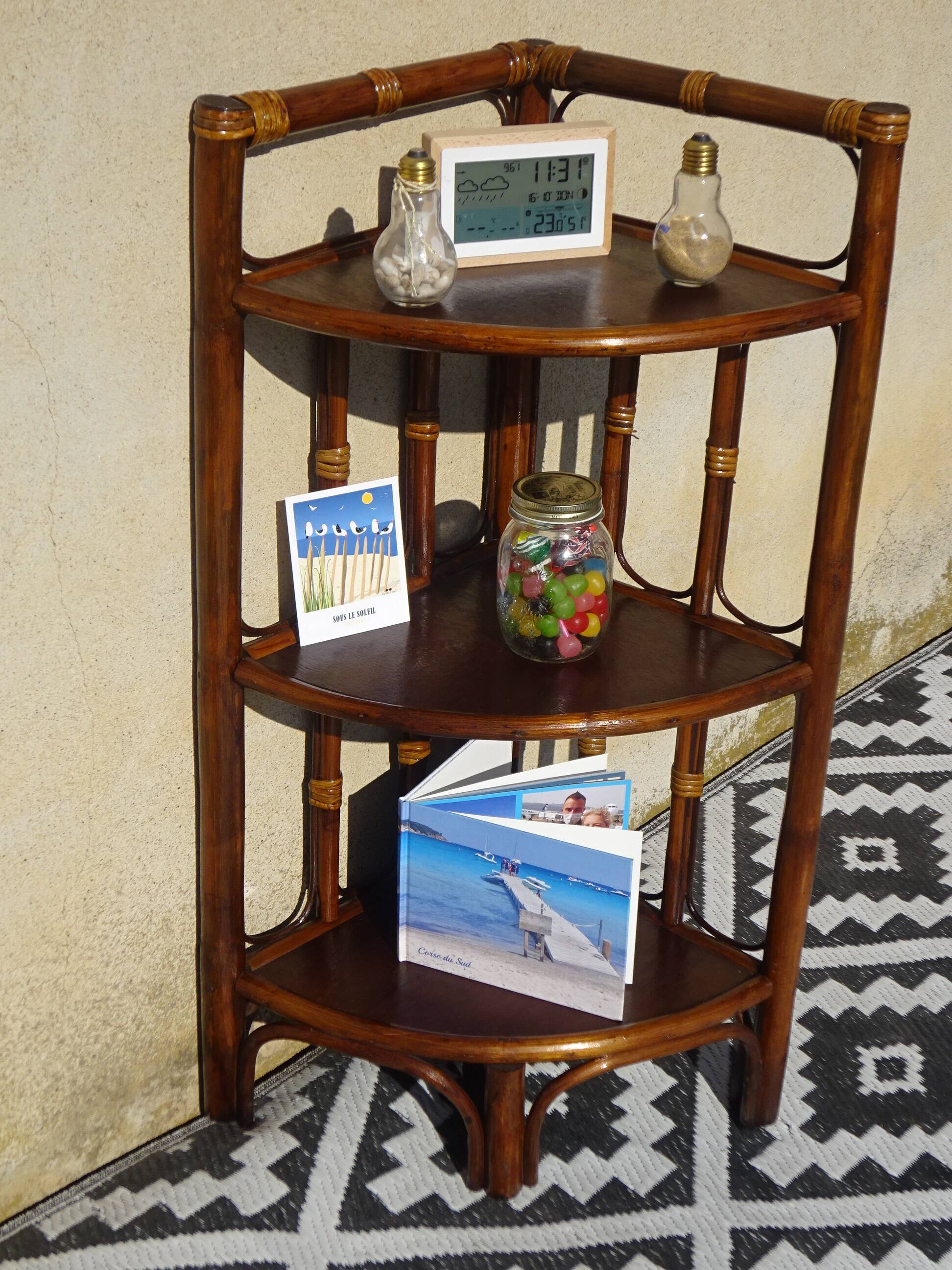 Rattan and bamboo bedside tables, both.