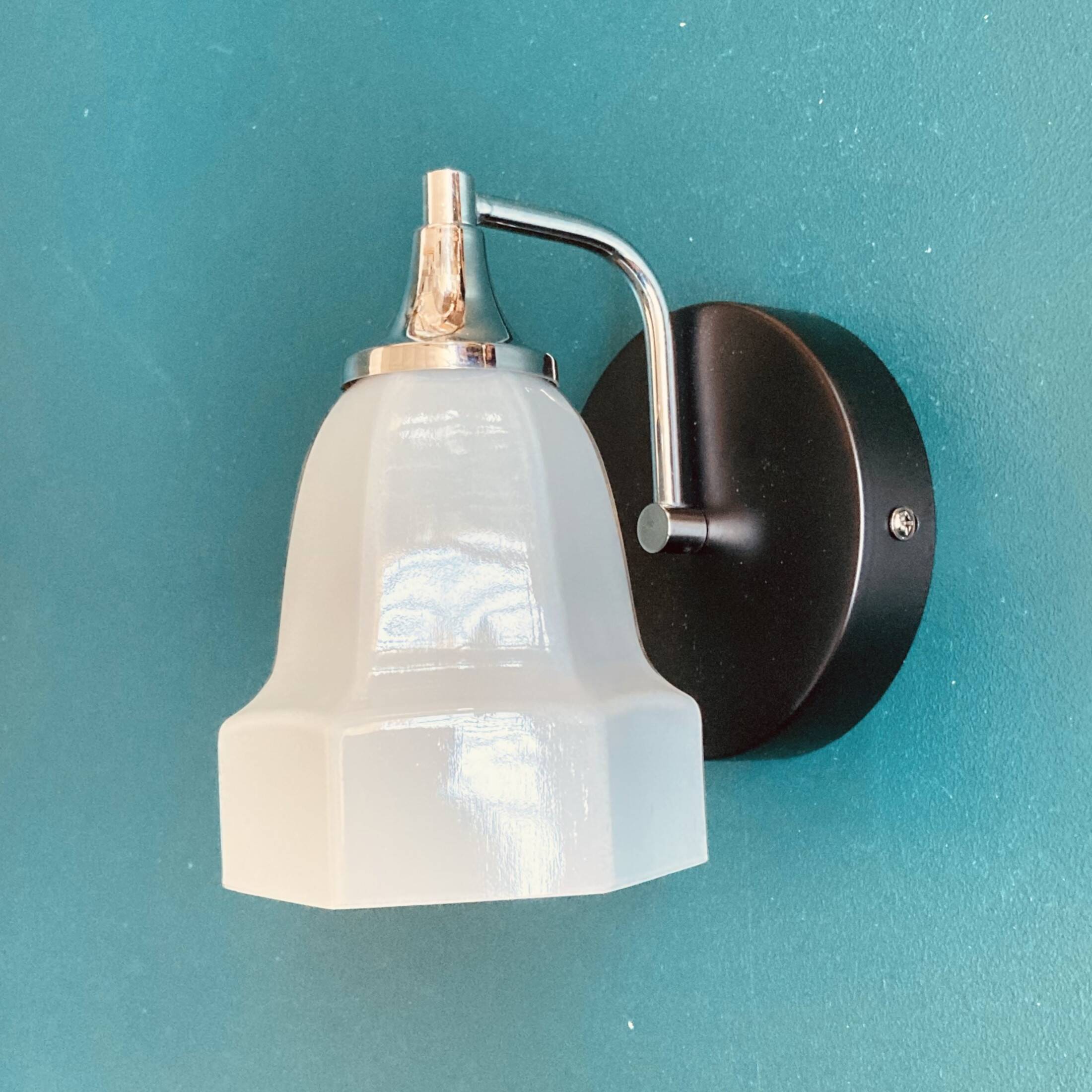 Small vintage chrome metal wall light and faceted white opaline glass tulip