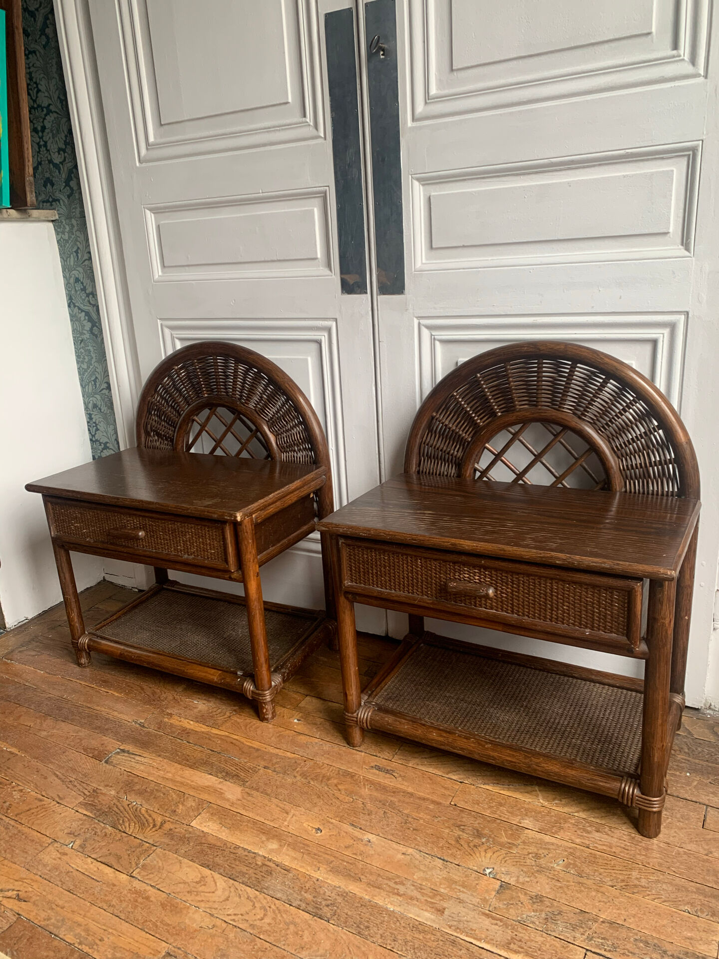 Pair of rattan bedside tables