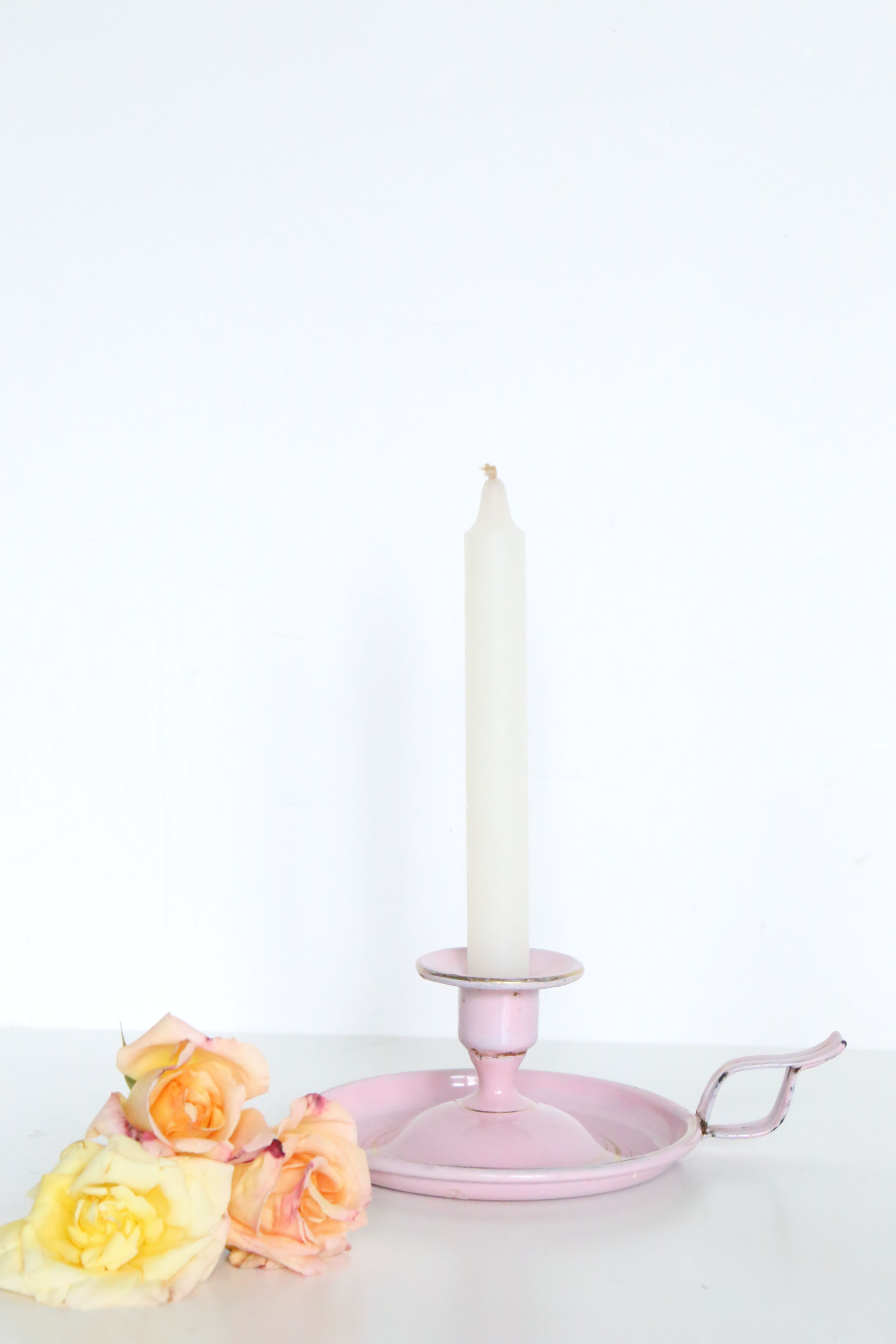 Pink cellar rat candleholder, enamelled metal, vintage