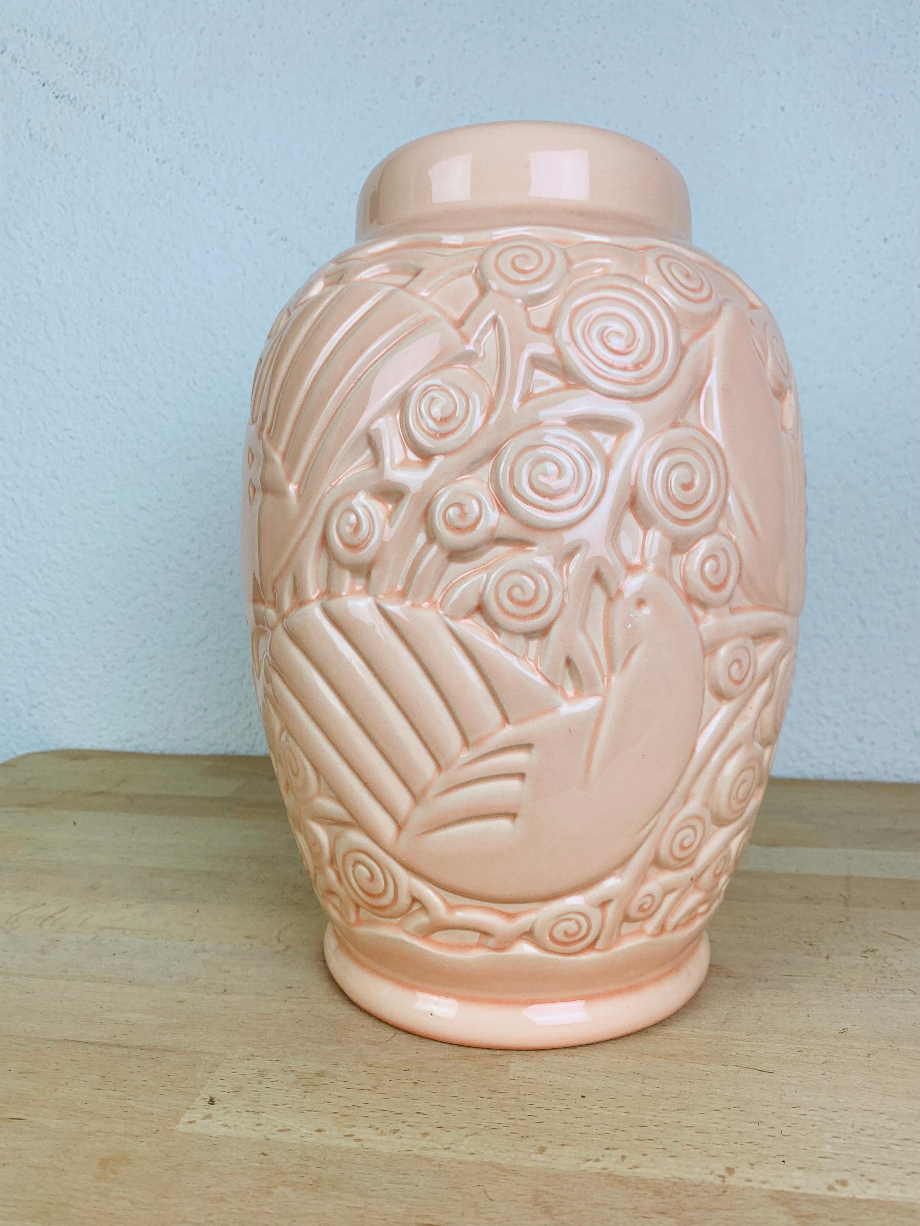 Art deco vase St Clément pigeon model, pink ceramic