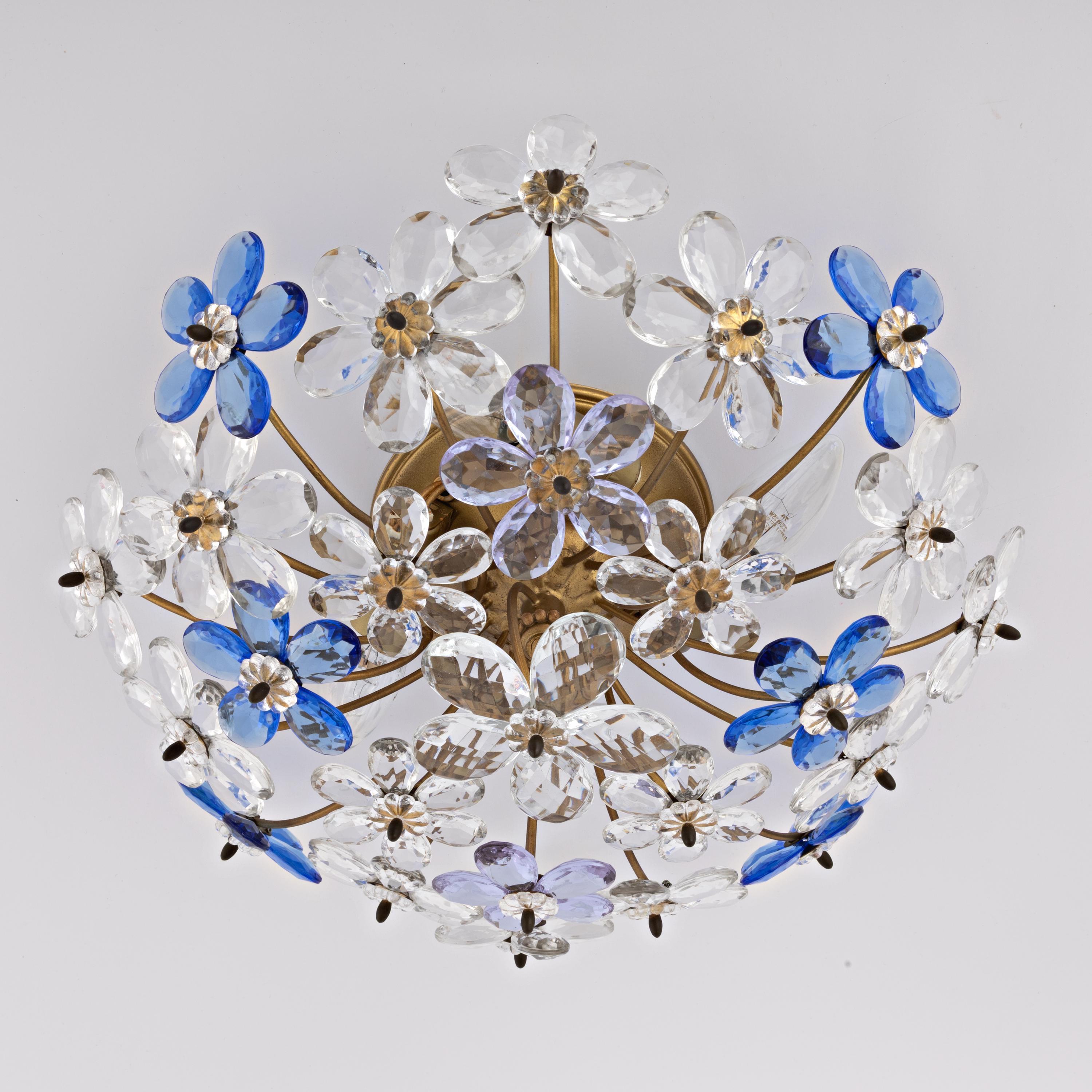 Mid Century Daisy Flush Mount | Vintage Maison Bagues Flower Wall Sconce | Hollywood Regency Lamp Light Cobalt Blue Alexandrite Gold Banci
