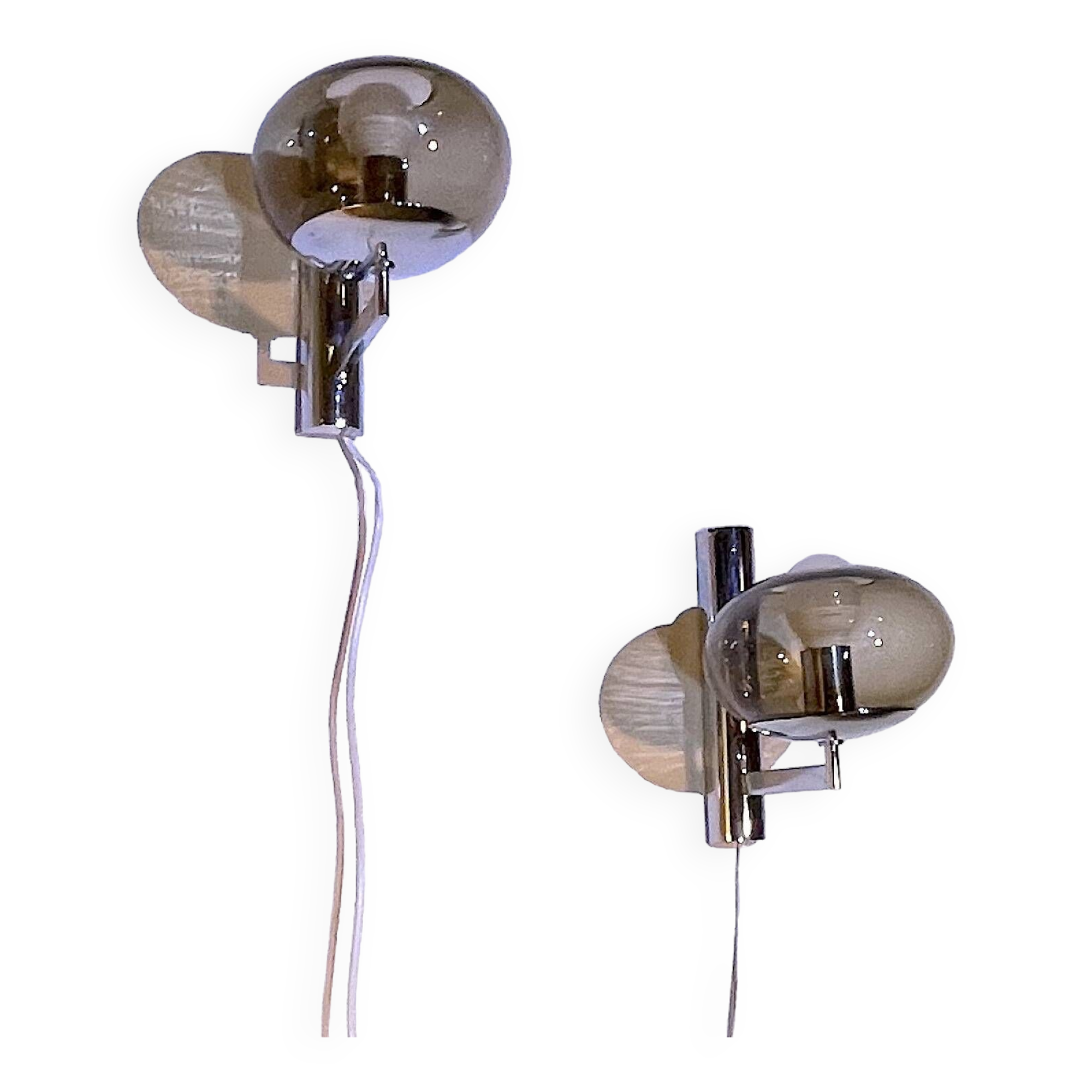 Sciolari, pair of chrome wall lights, smoked glass, Italy, 1970s