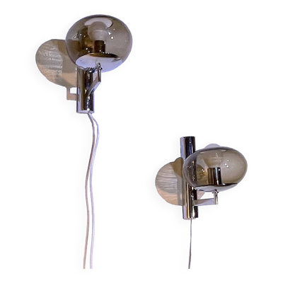 Sciolari, paire d'appliques chromées, verre fumé italie 1970's