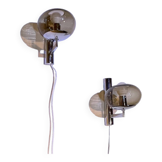 Sciolari, pair of chrome wall lights, smoked glass Italy 1970's