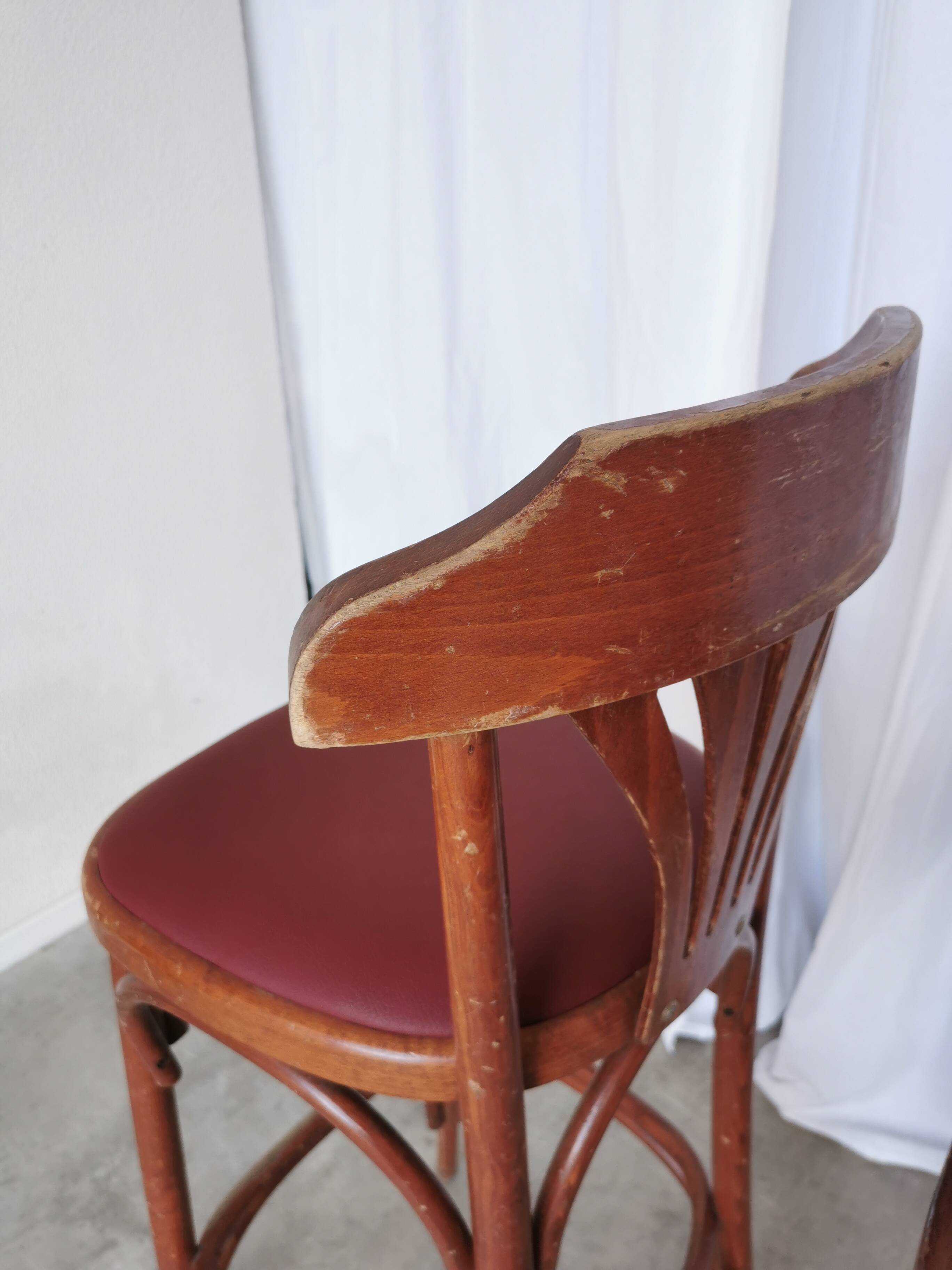 Mid-Century Thonet Style Bar Stools: Red Faux Leather Seat, Set of 2