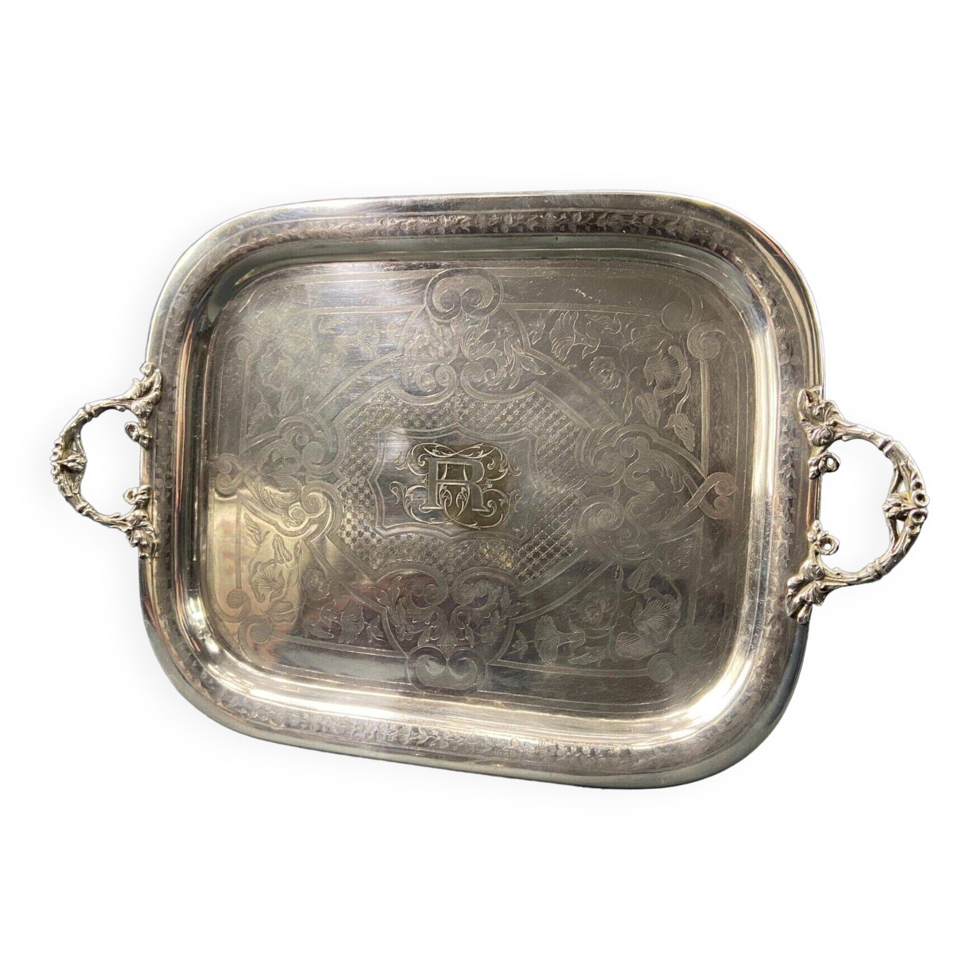 Large tray with monogrammed handles in silver metal 19th century Napoleon III