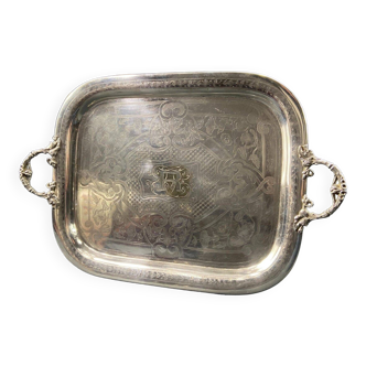 Grand plateau à anses monogrammé en métal argenté XIXe Napoléon III