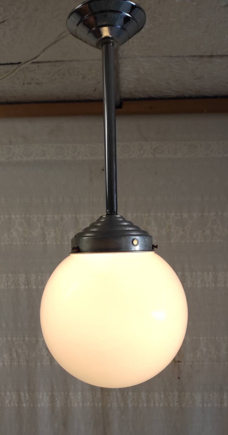 Opaline globe industrial pendant light - mid. 20th century